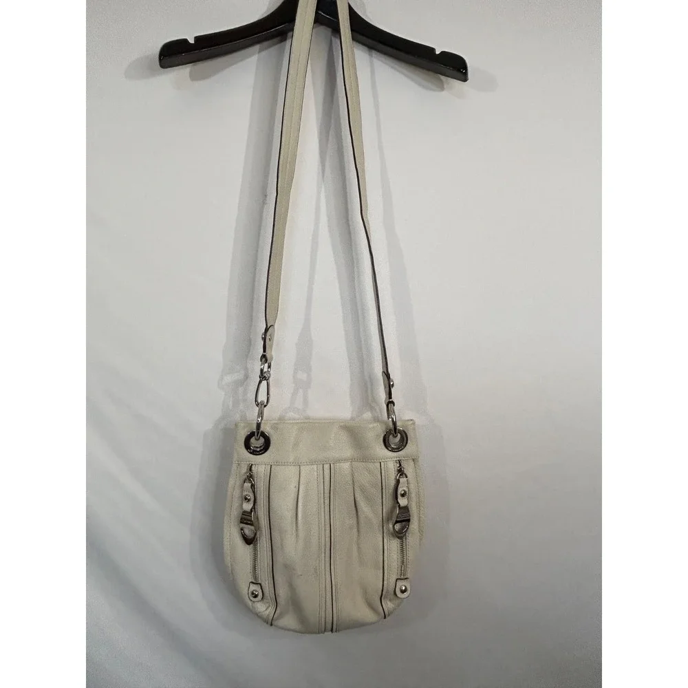 B Makowsky Beige Chartreuse Leather Crossbody Bag Silver Buckle and Keychain